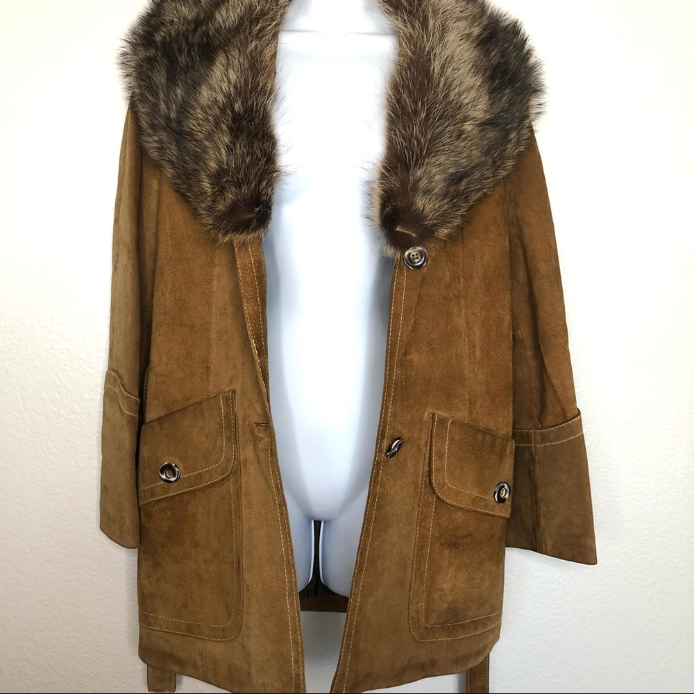 SOLD Vintage Caramel Suede & Fur Belted Coat Jacket 70s Size 40 - Picture 8 of 13